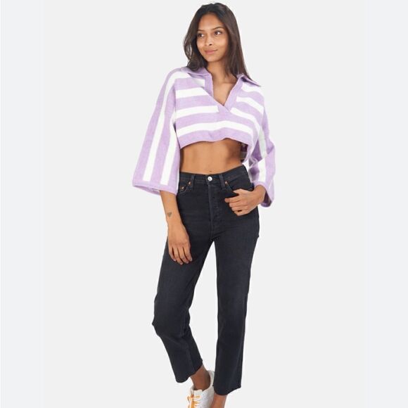 For Love&Lemons Maud Boxy Crop Sweater - Purple Size XXS - Picture 1 of 7